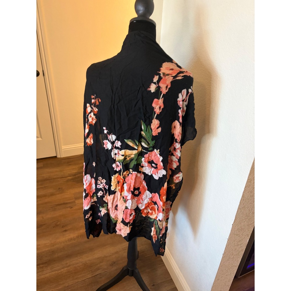Floral Kimono Wrap Black Pink Orange Viscose Open Front Shawl One Size - Picture 3 of 4